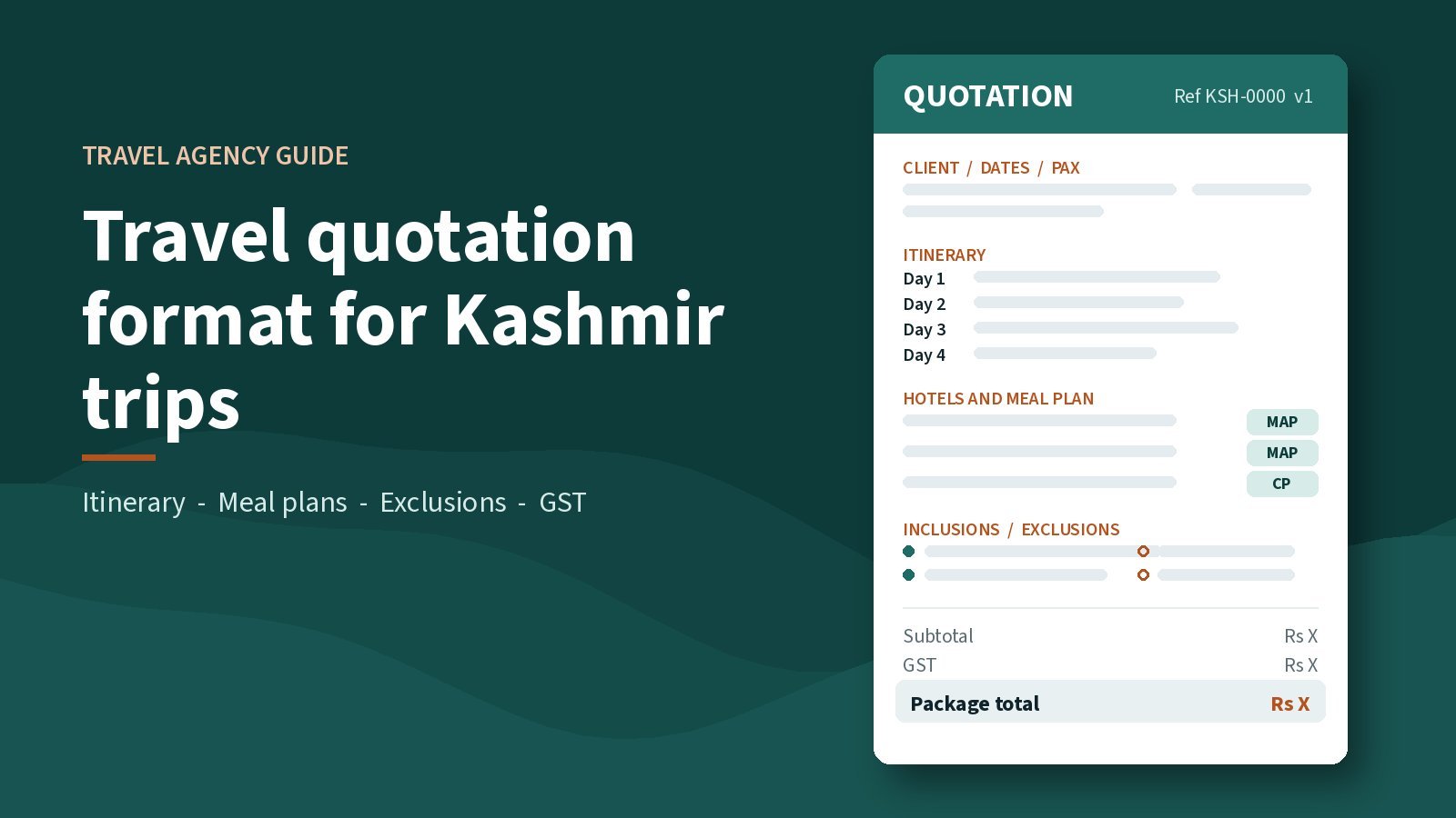 Illustrated quotation sheet for a Kashmir trip with sections for client details, itinerary, hotel meal plans, inclusions, exclusions and package total