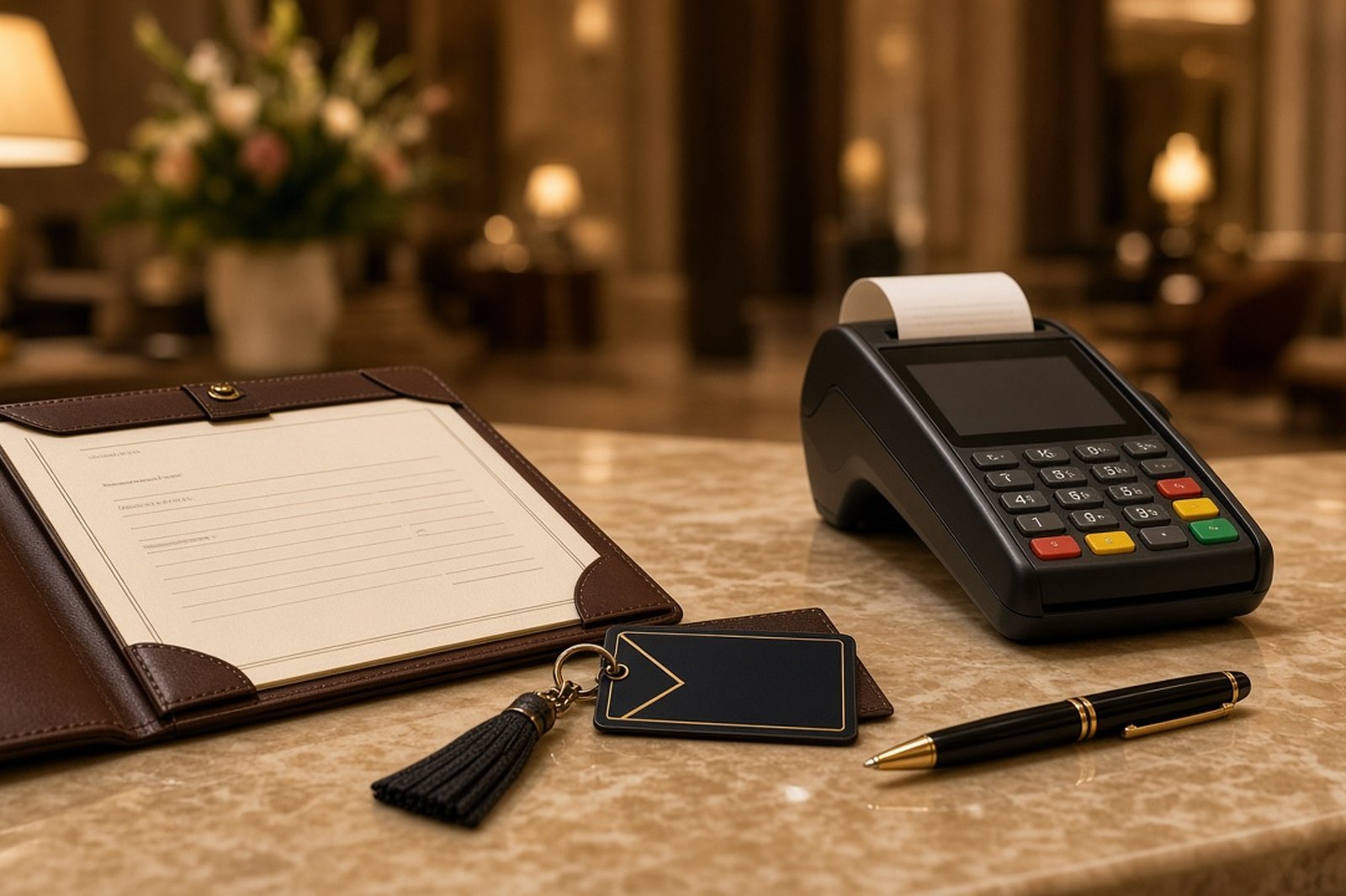 Hotel guest folio for Room 204 on a front desk with a key card and reception bell