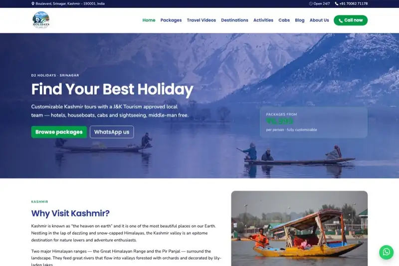 D2 Holidays Kashmir tour website